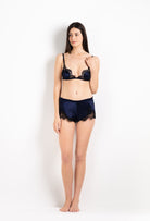 Be seduced by Carine Gilson most beautiful silk lingerie collection with this Soft Triangle Bra in Dark Marine Blue Silk  with black lace