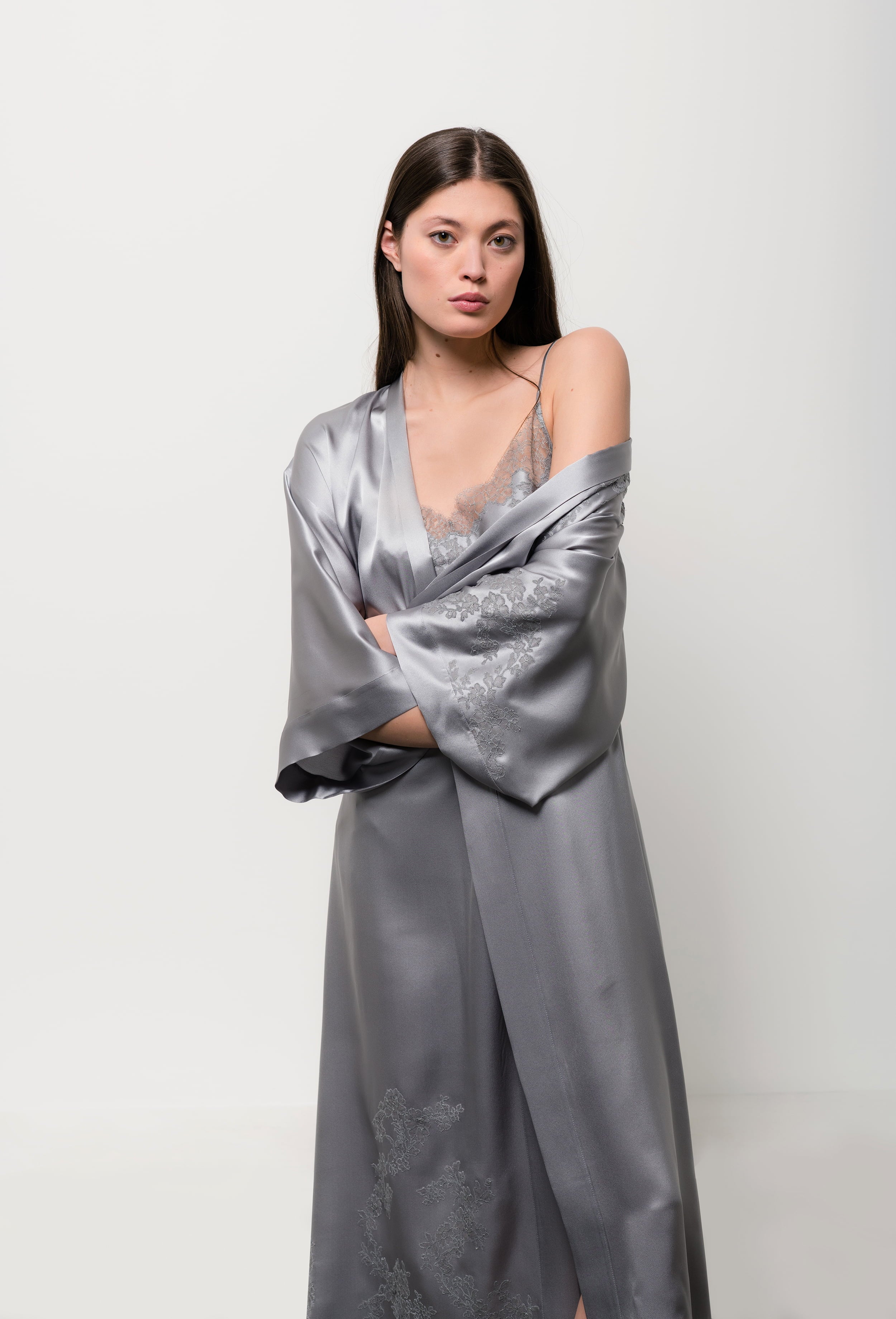 Be seduced by Carine Gilson most beautiful silk lingerie collection with this Long Kimono Classic Sleeves in LeadGrey Silk with Grey lace
