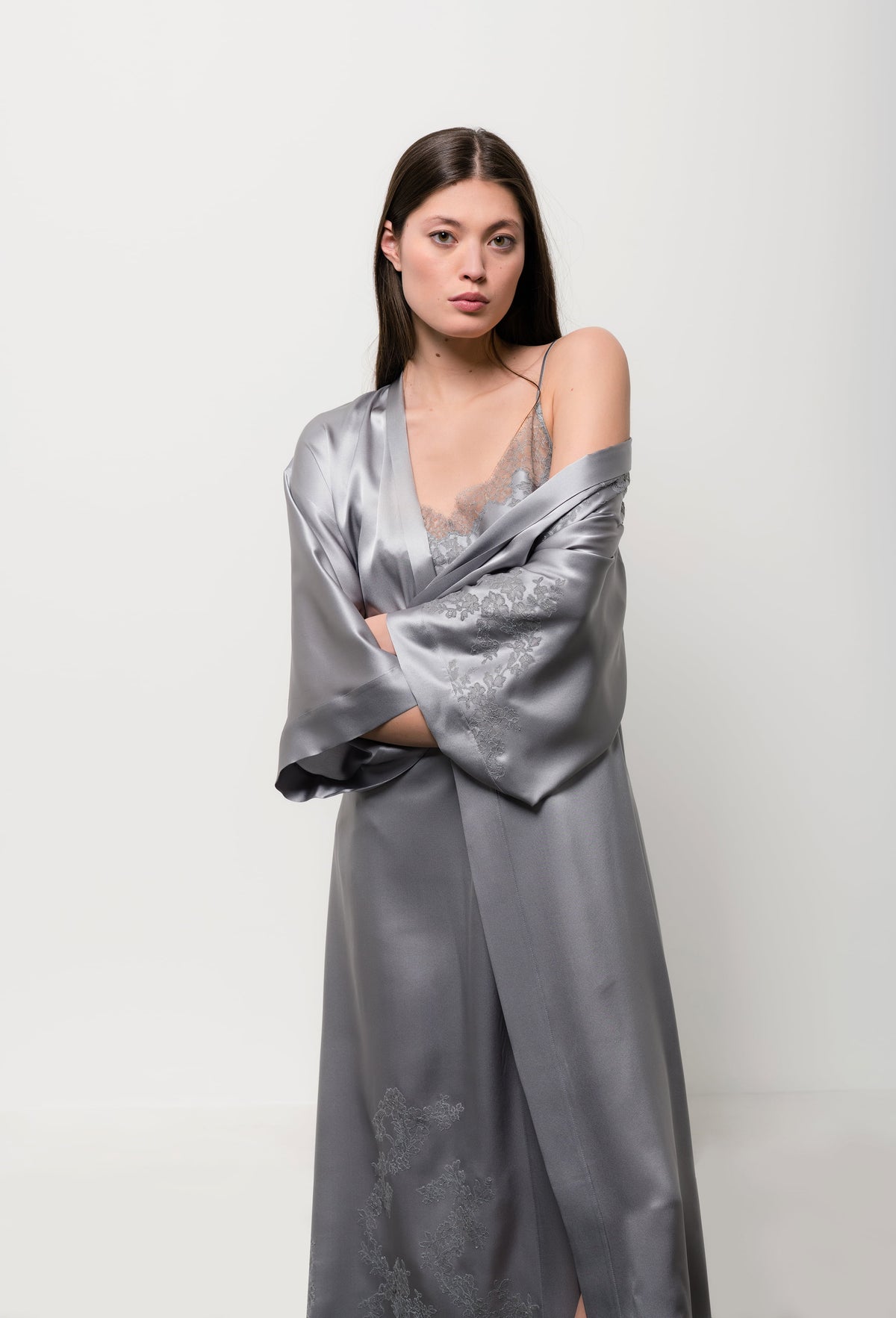 Be seduced by Carine Gilson most beautiful silk lingerie collection with this Long Kimono Classic Sleeves in LeadGrey Silk with Grey lace