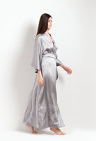 Be seduced by Carine Gilson most beautiful silk lingerie collection with this Long Kimono Classic Sleeves in LeadGrey Silk with Grey lace