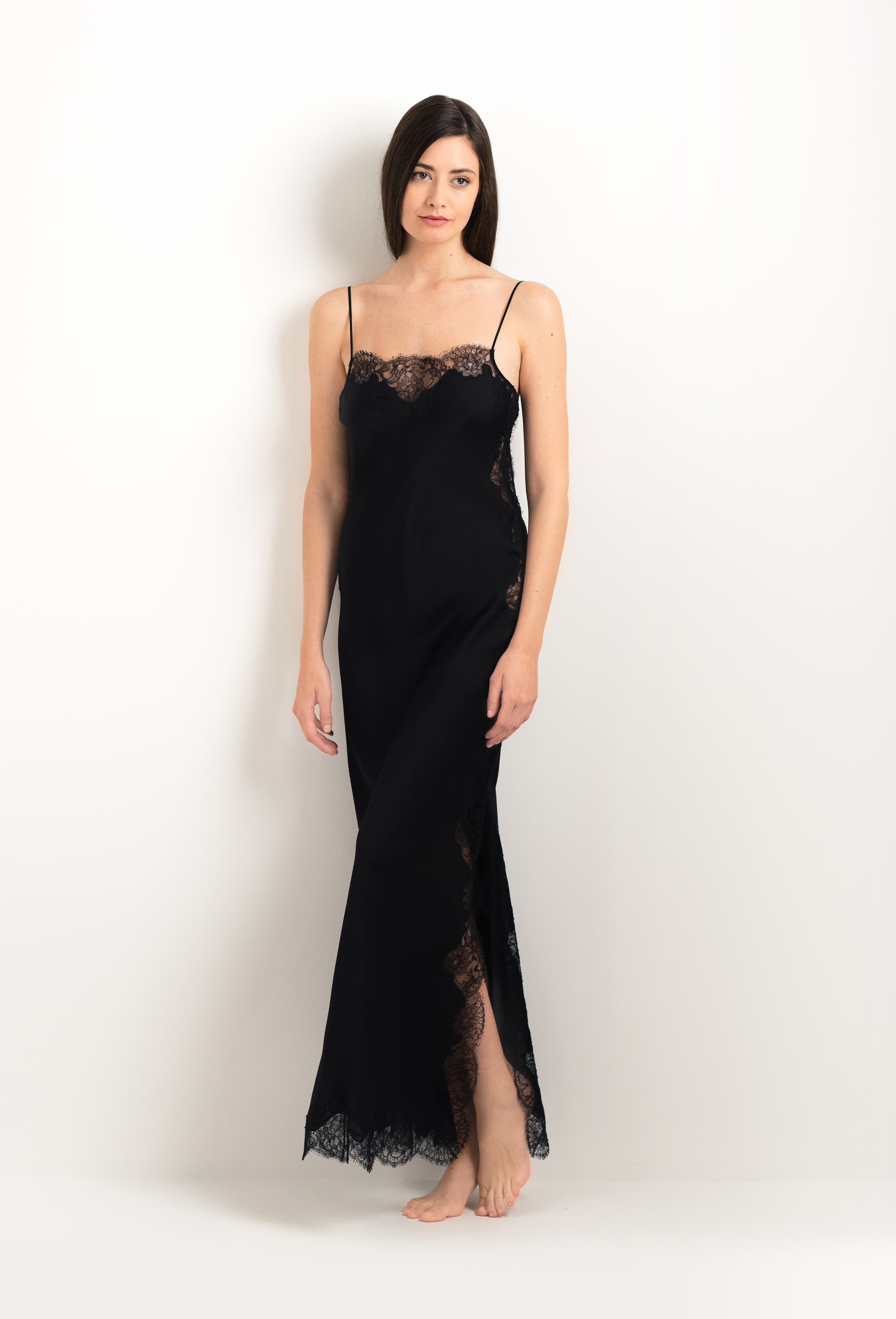 Discover the 2025 cruise collection of lingerie couture from the house Carine Gilson with this Long Gown Straight Neckline in Black Silk  with Black lace