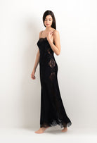 Discover the 2025 cruise collection of lingerie couture from the house Carine Gilson with this Long Gown Straight Neckline in Black Silk  with Black lace