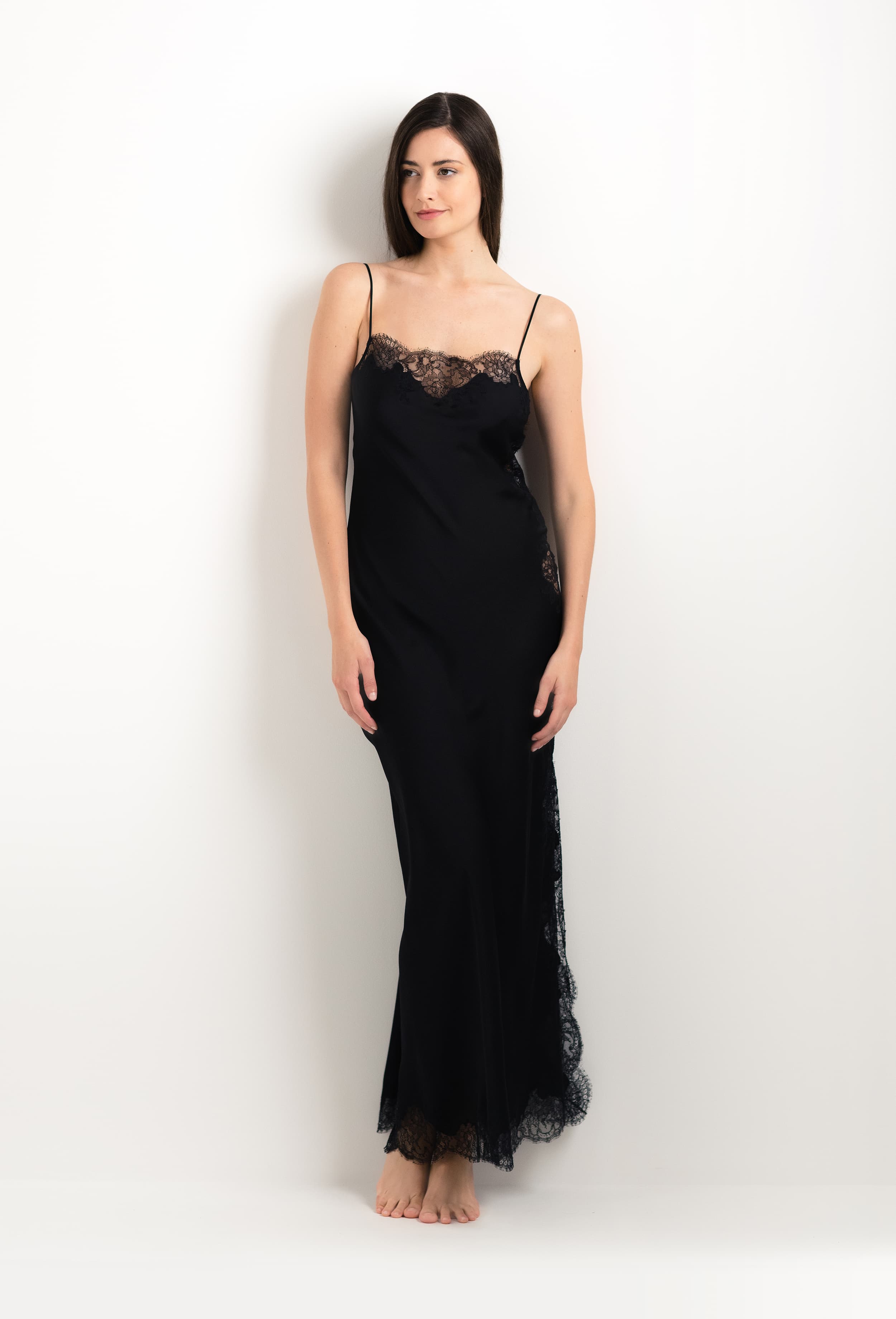 Discover the 2025 cruise collection of lingerie couture from the house Carine Gilson with this Long Gown Straight Neckline in Black Silk  with Black lace