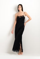 Discover the 2025 cruise collection of lingerie couture from the house Carine Gilson with this Long Gown Straight Neckline in Black Silk  with Black lace