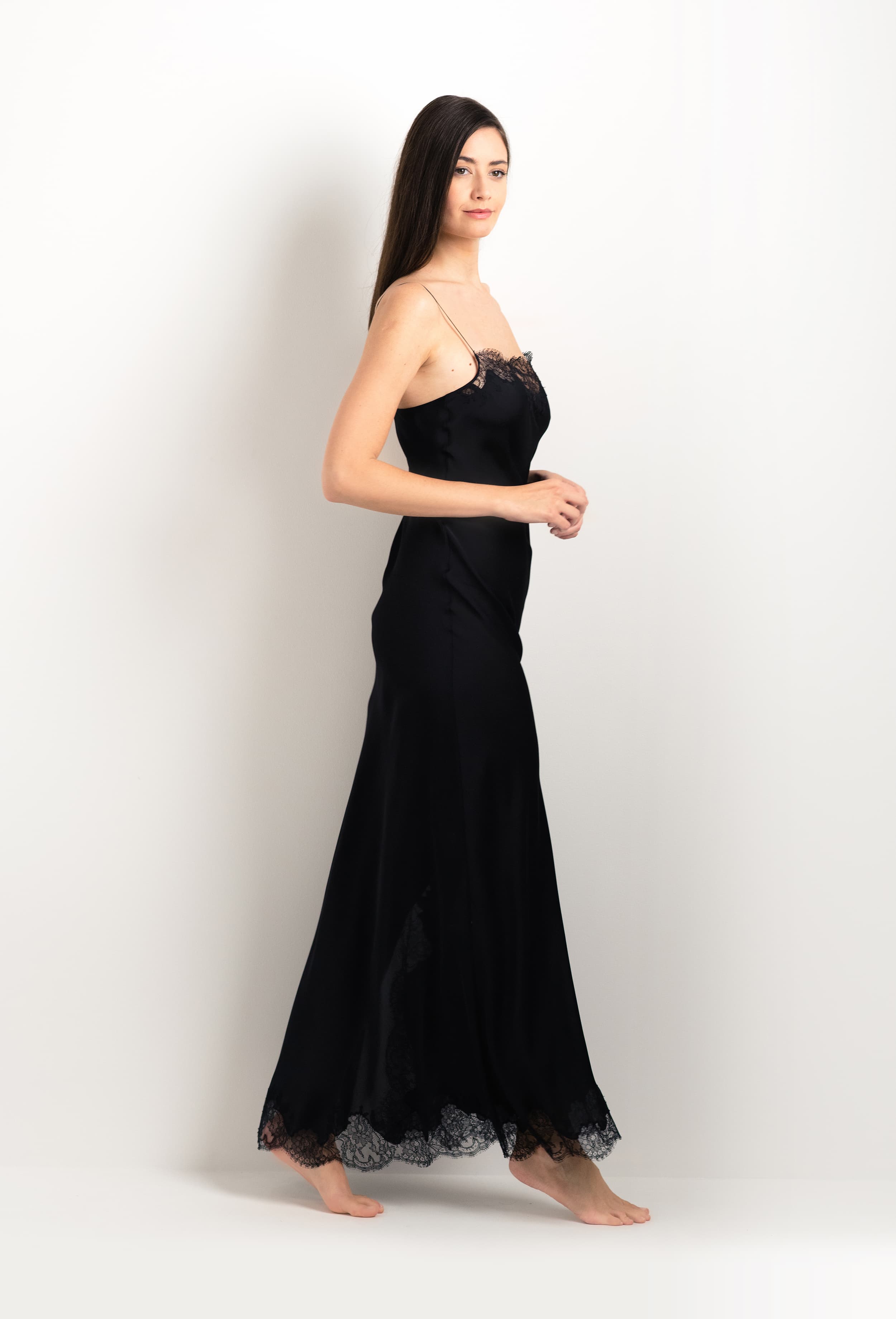 Discover the 2025 cruise collection of lingerie couture from the house Carine Gilson with this Long Gown Straight Neckline in Black Silk  with Black lace