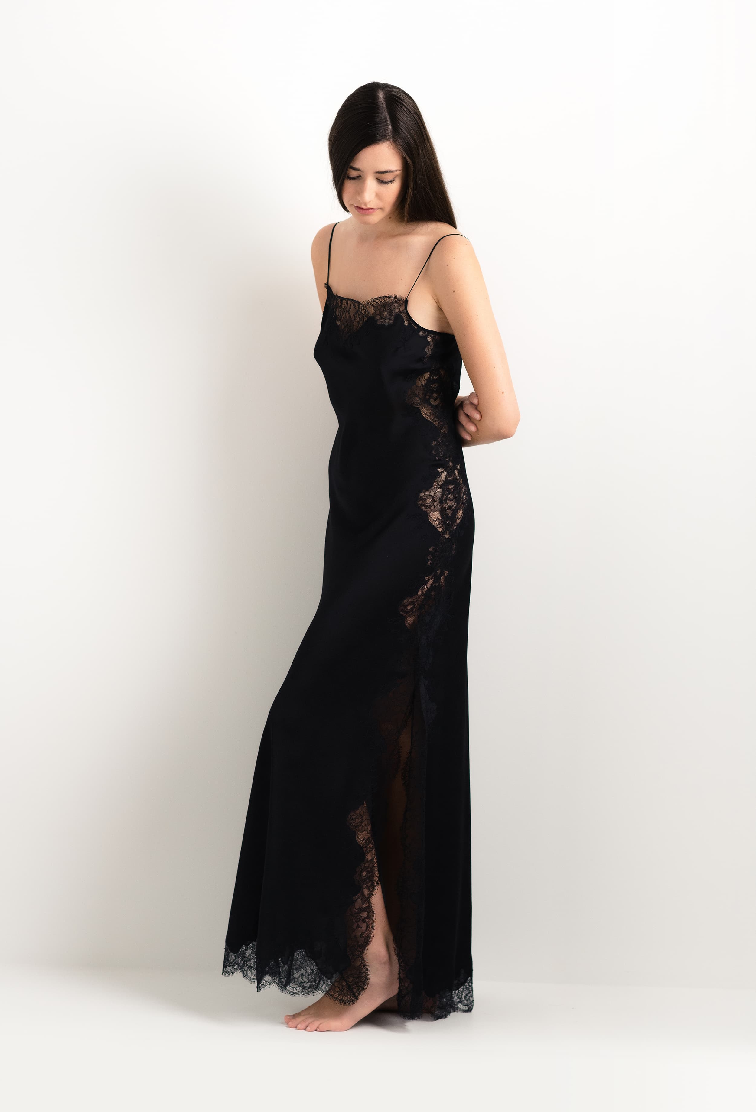 Discover the 2025 cruise collection of lingerie couture from the house Carine Gilson with this Long Gown Straight Neckline in Black Silk  with Black lace