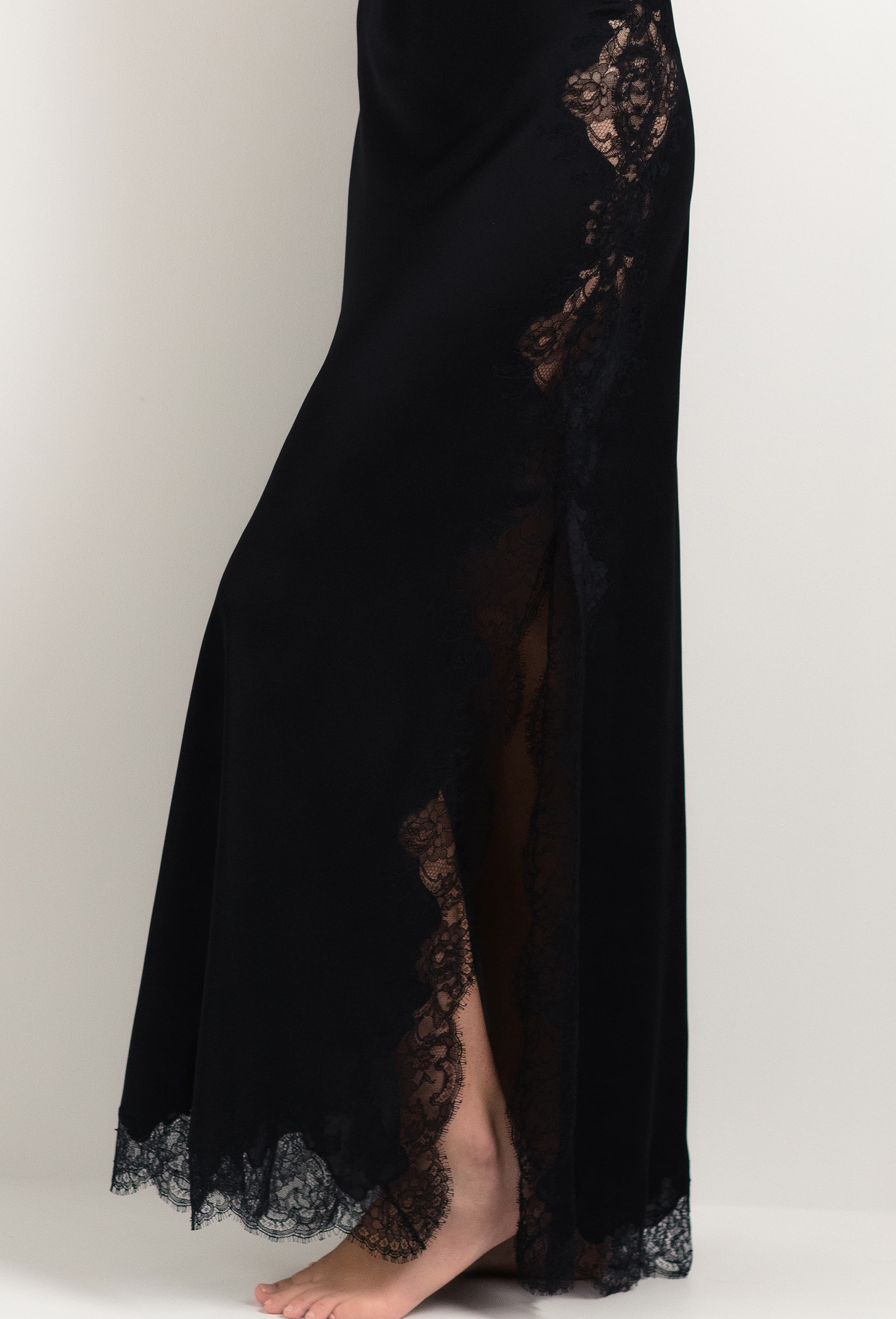 Discover the 2025 cruise collection of lingerie couture from the house Carine Gilson with this Long Gown Straight Neckline in Black Silk  with Black lace