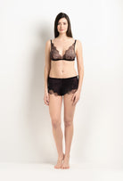 Made of silk and lace, explore the lingerie collection 2025 Winter from the house Carine Gilson with this Floaty Shorts in Ebony Silk  with Ebony lace