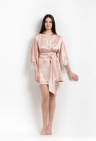 The 2026 Summer collection from the house Carine Gilson - The most beautiful couture lingerie to be discovered with this short kimono classic sleeves in light rose silk with pink rose lace