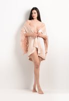 The 2025 Summer collection from the house Carine Gilson - The most beautiful couture lingerie to be discovered with this Short Kimono Butterfly Sleeves in powder pink Silk  with light rose lace