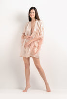 The 2025 Summer collection from the house Carine Gilson - The most beautiful couture lingerie to be discovered with this Short Kimono Butterfly Sleeves in powder pink Silk  with light rose lace