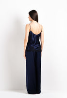 Enjoy the 2026 Cruise collection of lingerie couture from the house Carine Gilson with this Wide Leg Pajama Pants in Dark Marine Blue Silk 
