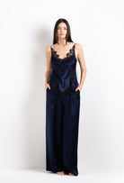 Enjoy the 2026 Cruise collection of lingerie couture from the house Carine Gilson with this Wide Leg Pajama Pants in Dark Marine Blue Silk 