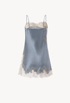 The Hiver 2026-27 collection from the house Carine Gilson - The most beautiful couture lingerie to be discovered with this babydoll style straight neckline in blue stone silk  with grey lace