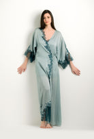 Discover the 2024 winter collection of lingerie couture from the house Carine Gilson with this Long Kimono Classic Sleeves in grey blue Silk with emerald green lace