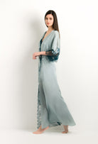 Discover the 2024 winter collection of lingerie couture from the house Carine Gilson with this Long Kimono Classic Sleeves in grey blue Silk with emerald green lace