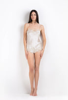 Enjoy the 2026 Summer collection of lingerie couture from the house Carine Gilson with this camisole straight neckline in ivory silk  with ivory lace