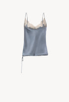 Discover the Hiver 2026-27 collection of lingerie couture from the house Carine Gilson with this camisole classic in blue stone silk  with grey lace
