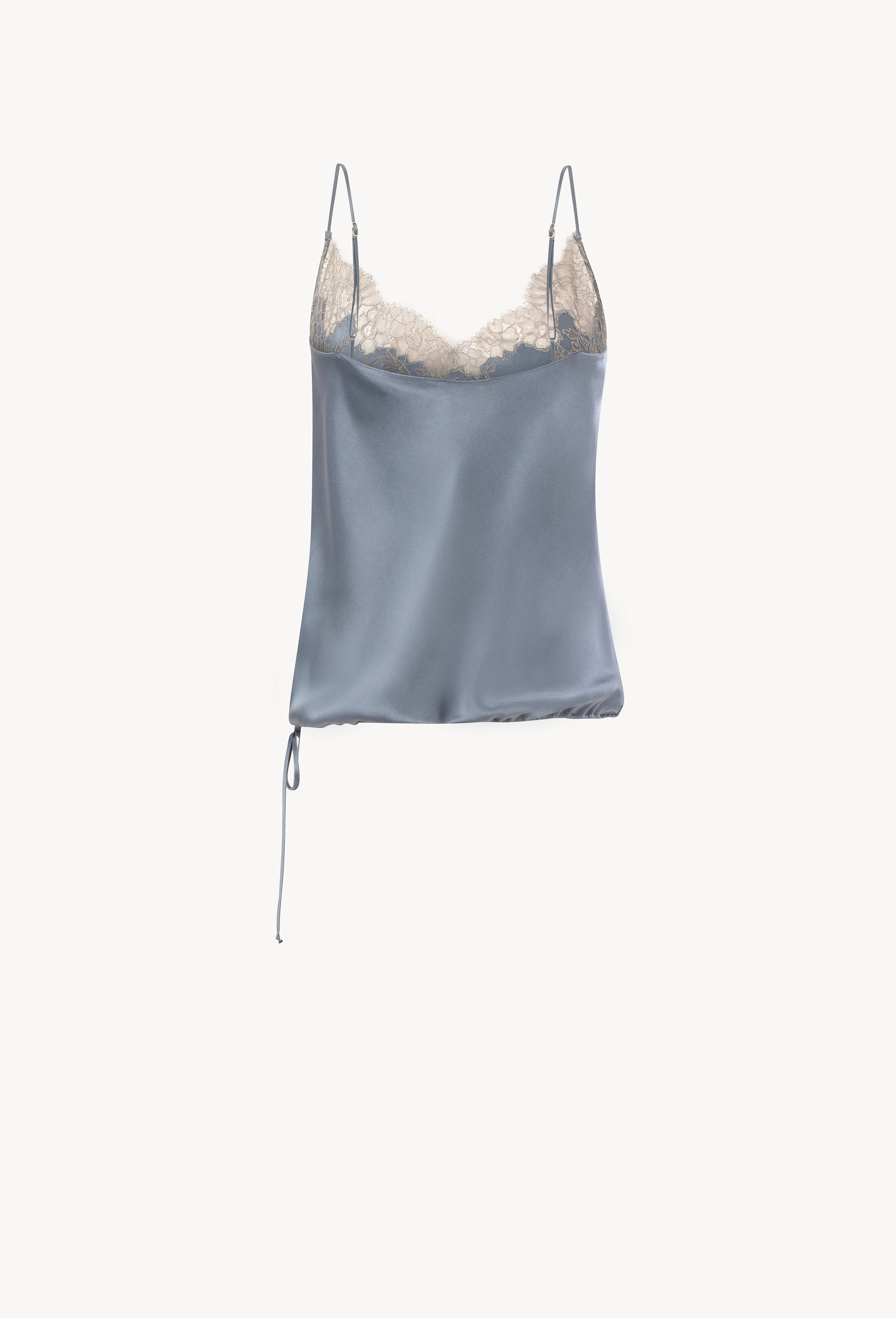 Discover the Hiver 2026-27 collection of lingerie couture from the house Carine Gilson with this camisole classic in blue stone silk  with grey lace