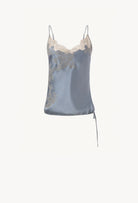 Discover the Hiver 2026-27 collection of lingerie couture from the house Carine Gilson with this camisole classic in blue stone silk  with grey lace