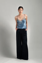 Discover the Hiver 2026-27 collection of lingerie couture from the house Carine Gilson with this camisole classic in blue stone silk  with grey lace
