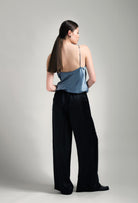 Discover the Hiver 2026-27 collection of lingerie couture from the house Carine Gilson with this camisole classic in blue stone silk  with grey lace