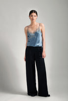 Discover the Hiver 2026-27 collection of lingerie couture from the house Carine Gilson with this camisole classic in blue stone silk  with grey lace