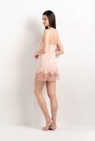 Made of silk and lace, explore the lingerie collection 2025 Summer from the house Carine Gilson with this Slip Babydoll Style V Neckline in powder pink Silk  with light rose lace