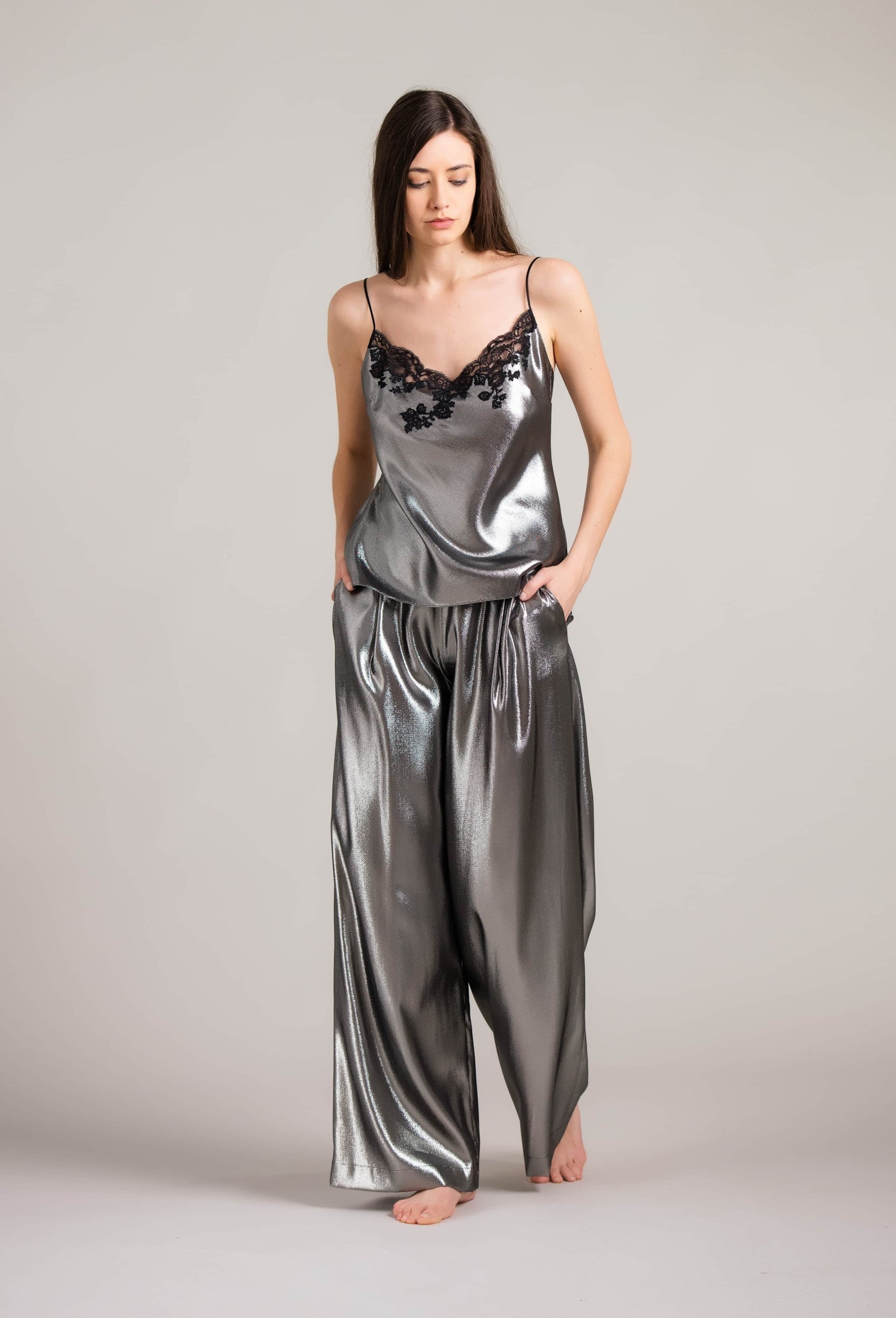 Be seduced by Carine Gilson most beautiful silk lingerie collection with this Camisole V Neckline in Steel lurex Silk with Black lace