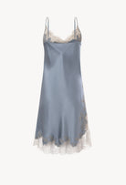 Enter Carine Gilson's world and the most beautiful silk lingerie with the Hiver 2026-27 collection with this Midi dress Classic Neckline in Blue stone Silk  with Grey lace