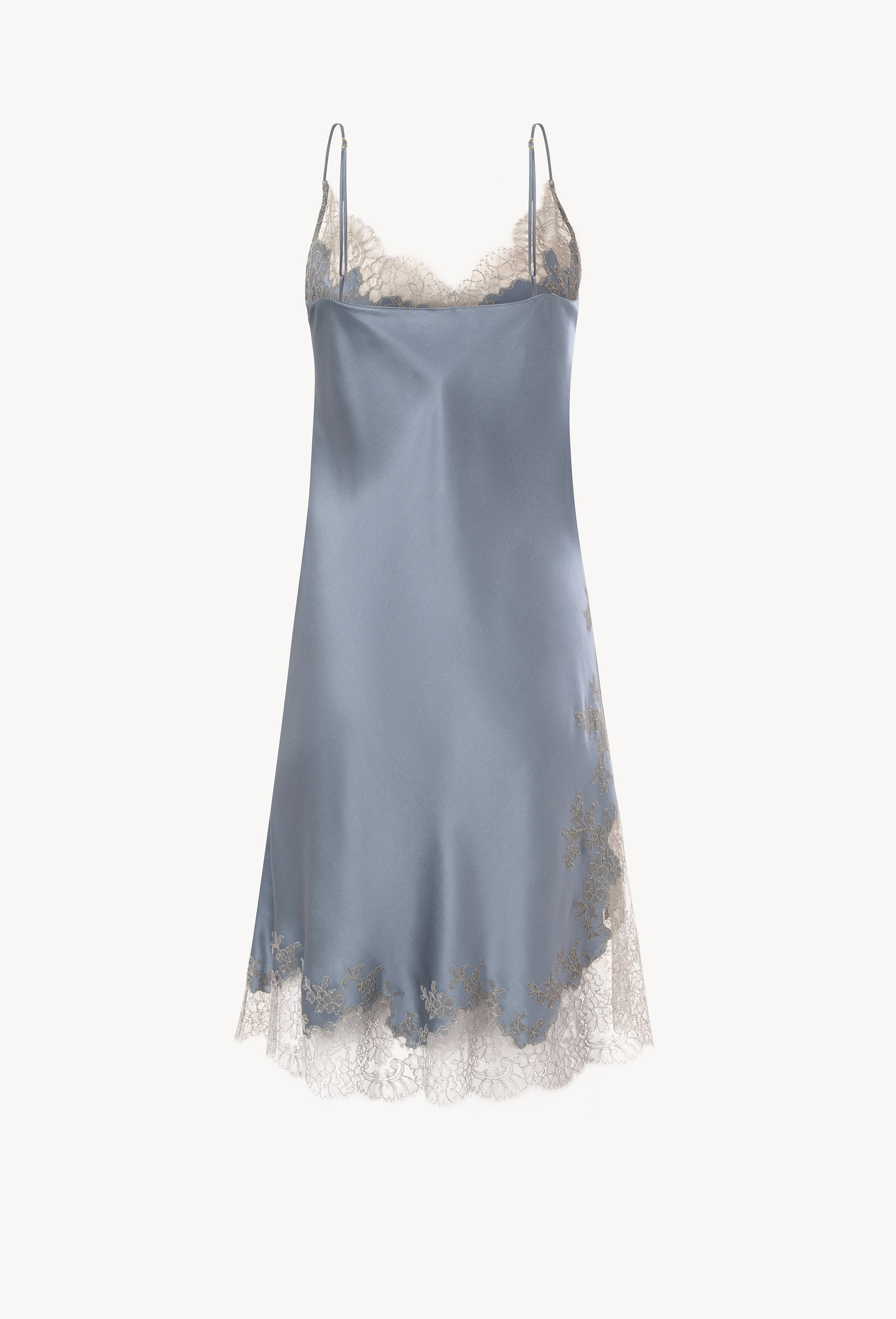 Enter Carine Gilson's world and the most beautiful silk lingerie with the Hiver 2026-27 collection with this Midi dress Classic Neckline in Blue stone Silk  with Grey lace