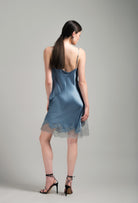 Enter Carine Gilson's world and the most beautiful silk lingerie with the Hiver 2026-27 collection with this Midi dress Classic Neckline in Blue stone Silk  with Grey lace