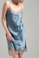 Enter Carine Gilson's world and the most beautiful silk lingerie with the Hiver 2026-27 collection with this Midi dress Classic Neckline in Blue stone Silk  with Grey lace