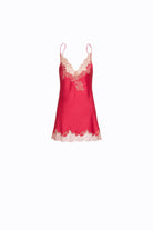 Enter Carine Gilson's world with the 2023 summer collection and this Slip Babydoll Style V Neckline in bright red Silk with dusty pink lace