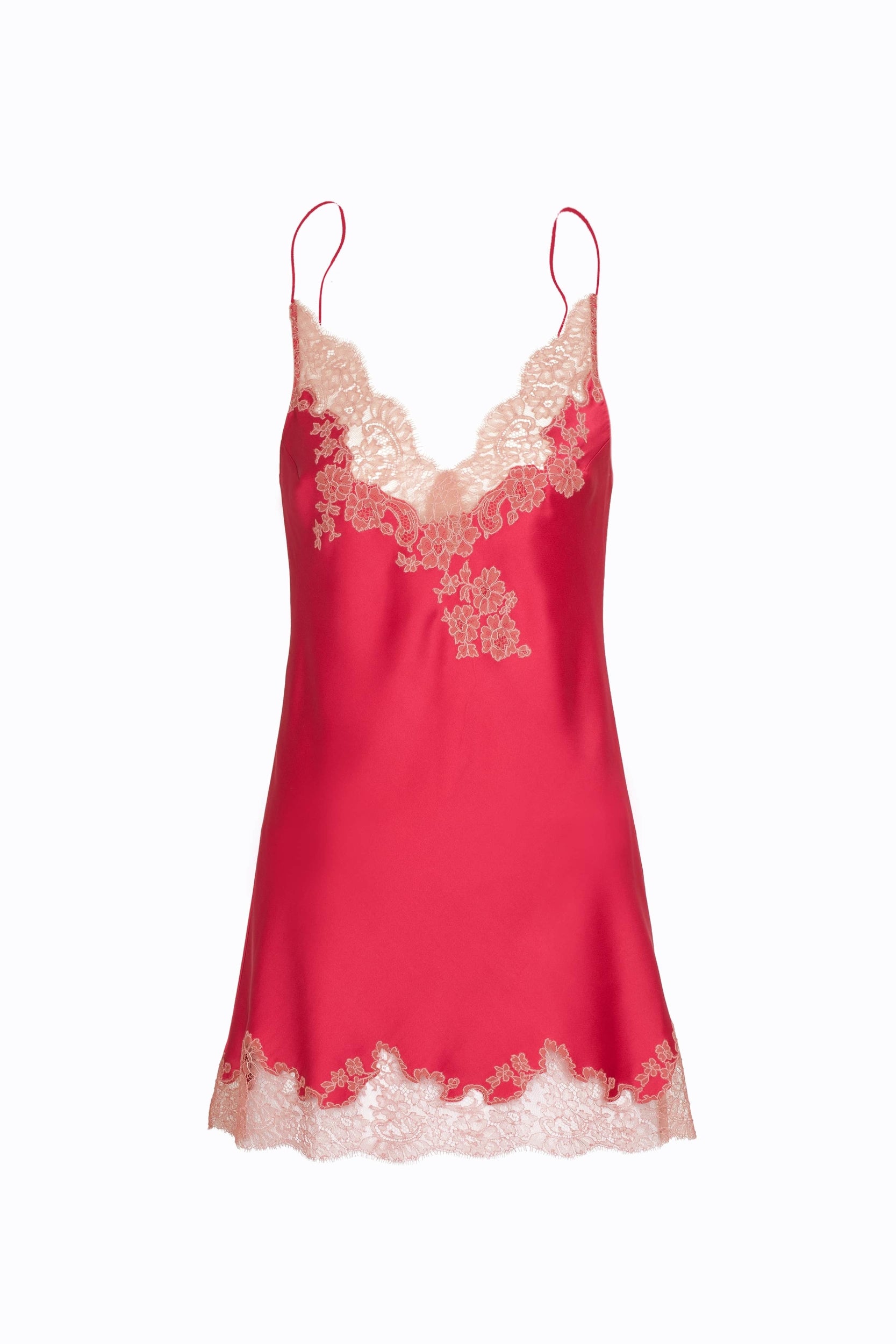 Enter Carine Gilson's world with the 2023 summer collection and this Slip Babydoll Style V Neckline in bright red Silk with dusty pink lace