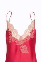 Enter Carine Gilson's world with the 2023 summer collection and this Slip Babydoll Style V Neckline in bright red Silk with dusty pink lace