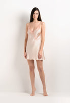 Be seduced by Carine Gilson most beautiful silk lingerie collection with this Slip Babydoll Style V Neckline in powder pink Silk  with light rose lace