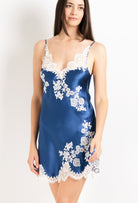 Made of silk and lace, explore the 2026 Cruise collection  from the house Carine Gilson with this Slip Babydoll Style V Neckline in Azur Silk  with Natural lace