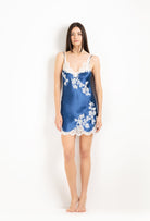 Made of silk and lace, explore the 2026 Cruise collection  from the house Carine Gilson with this Slip Babydoll Style V Neckline in Azur Silk  with Natural lace