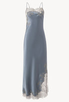 Made of silk and lace, explore the lingerie collection Hiver 2026-27 from the house Carine Gilson with this Long Dress Straight Neckline in Blue stone Silk  with Grey lace
