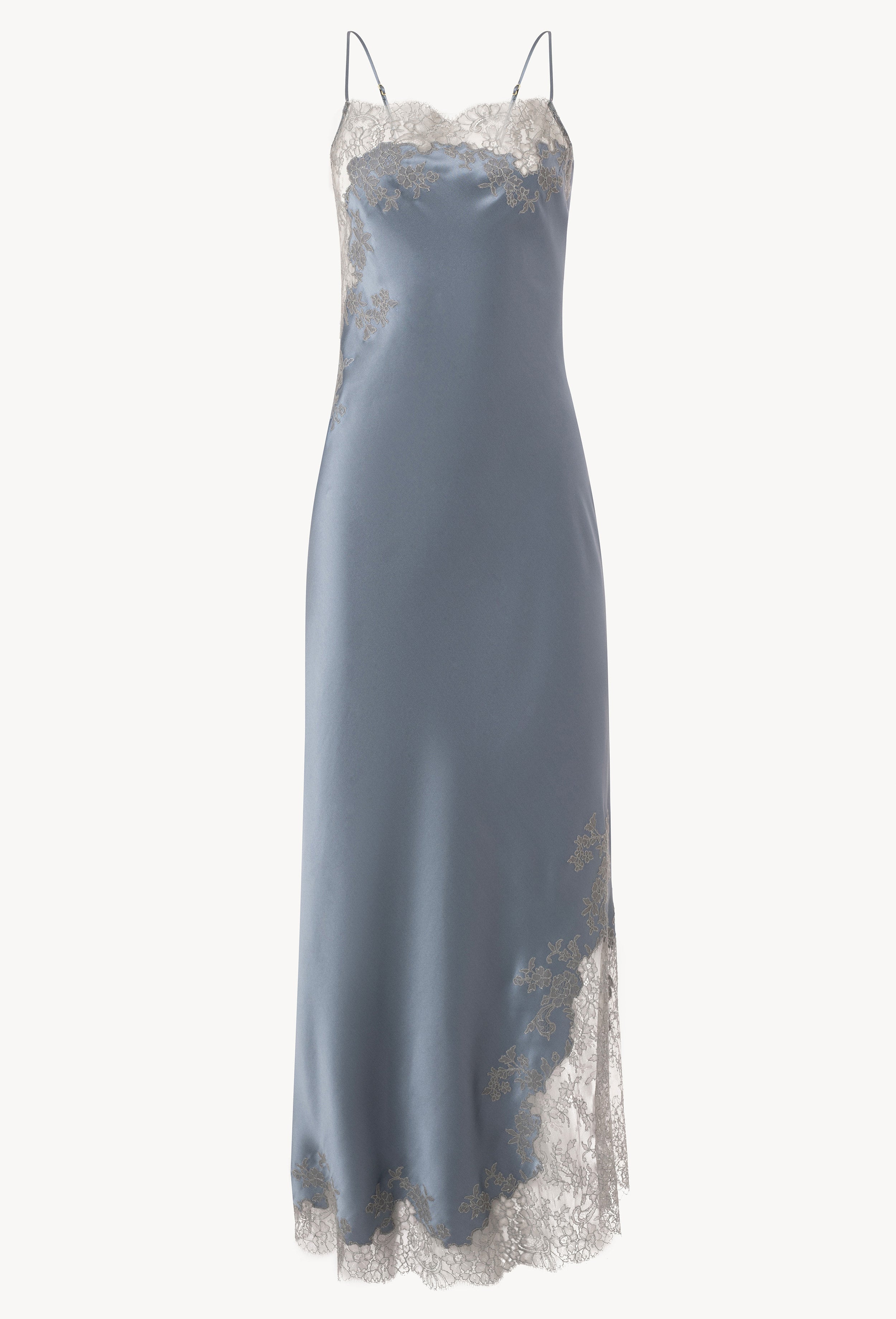 Made of silk and lace, explore the lingerie collection Hiver 2026-27 from the house Carine Gilson with this Long Dress Straight Neckline in Blue stone Silk  with Grey lace