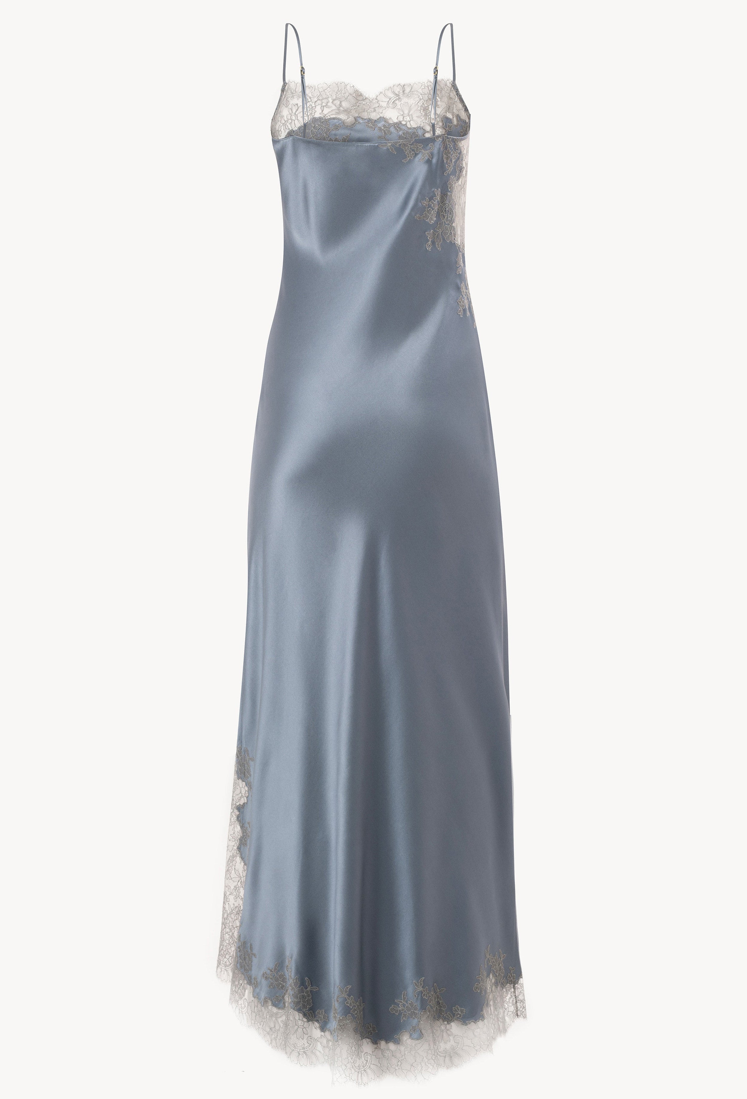 Made of silk and lace, explore the lingerie collection Hiver 2026-27 from the house Carine Gilson with this Long Dress Straight Neckline in Blue stone Silk  with Grey lace