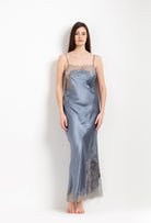 Made of silk and lace, explore the lingerie collection Hiver 2026-27 from the house Carine Gilson with this Long Dress Straight Neckline in Blue stone Silk  with Grey lace