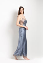 Made of silk and lace, explore the lingerie collection Hiver 2026-27 from the house Carine Gilson with this Long Dress Straight Neckline in Blue stone Silk  with Grey lace