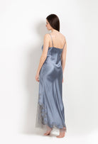Made of silk and lace, explore the lingerie collection Hiver 2026-27 from the house Carine Gilson with this Long Dress Straight Neckline in Blue stone Silk  with Grey lace