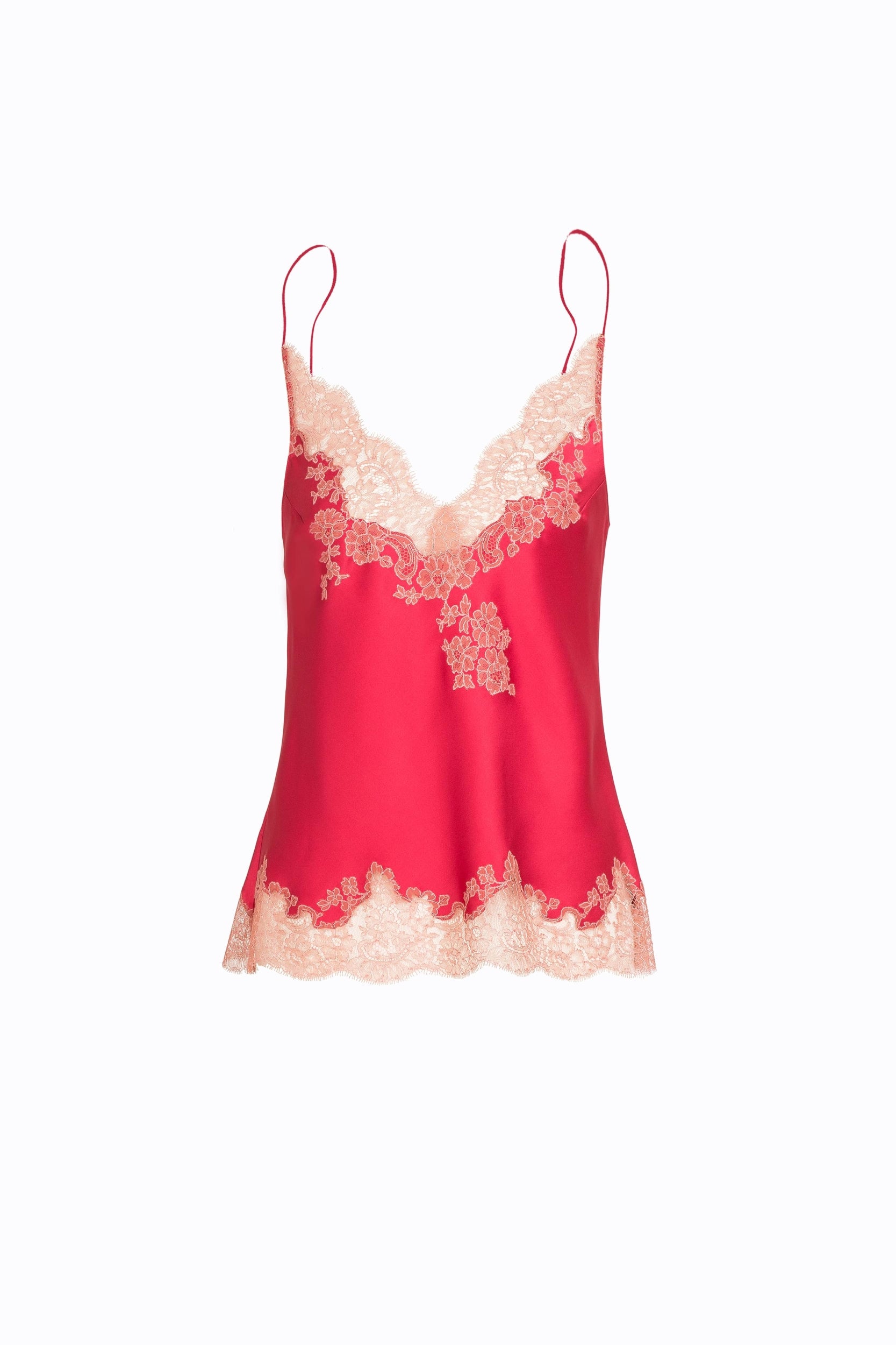 Discover the 2023 summer collection from the house Carine Gilson with this Camisole V Neckline in bright red Silk with dusty pink lace