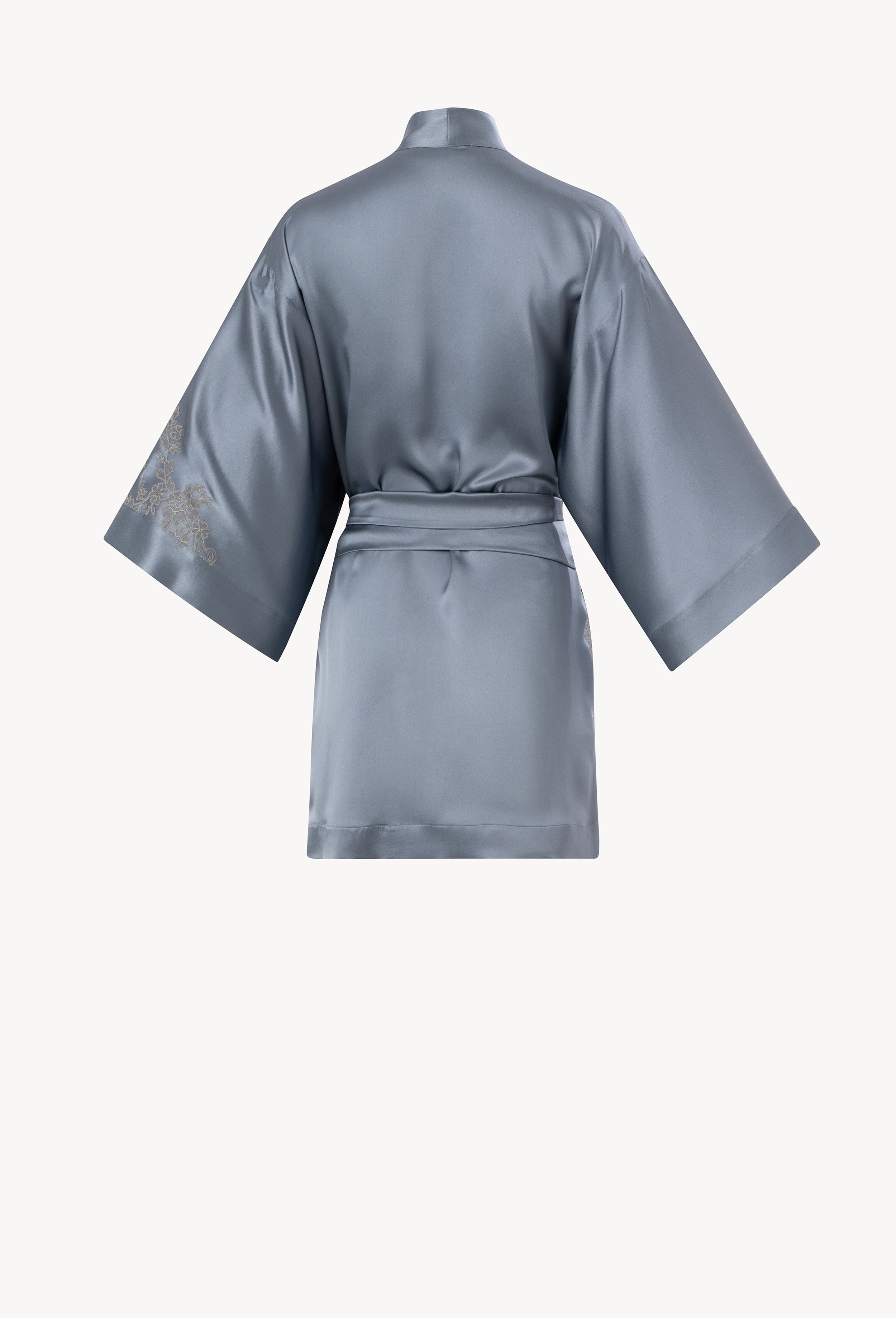 Be seduced by Carine Gilson most beautiful silk lingerie collection with this Short Kimono Classic Sleeves in Blue stone Silk  with Grey lace