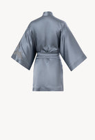 Be seduced by Carine Gilson most beautiful silk lingerie collection with this Short Kimono Classic Sleeves in Blue stone Silk  with Grey lace