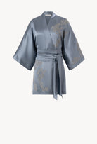Be seduced by Carine Gilson most beautiful silk lingerie collection with this Short Kimono Classic Sleeves in Blue stone Silk  with Grey lace