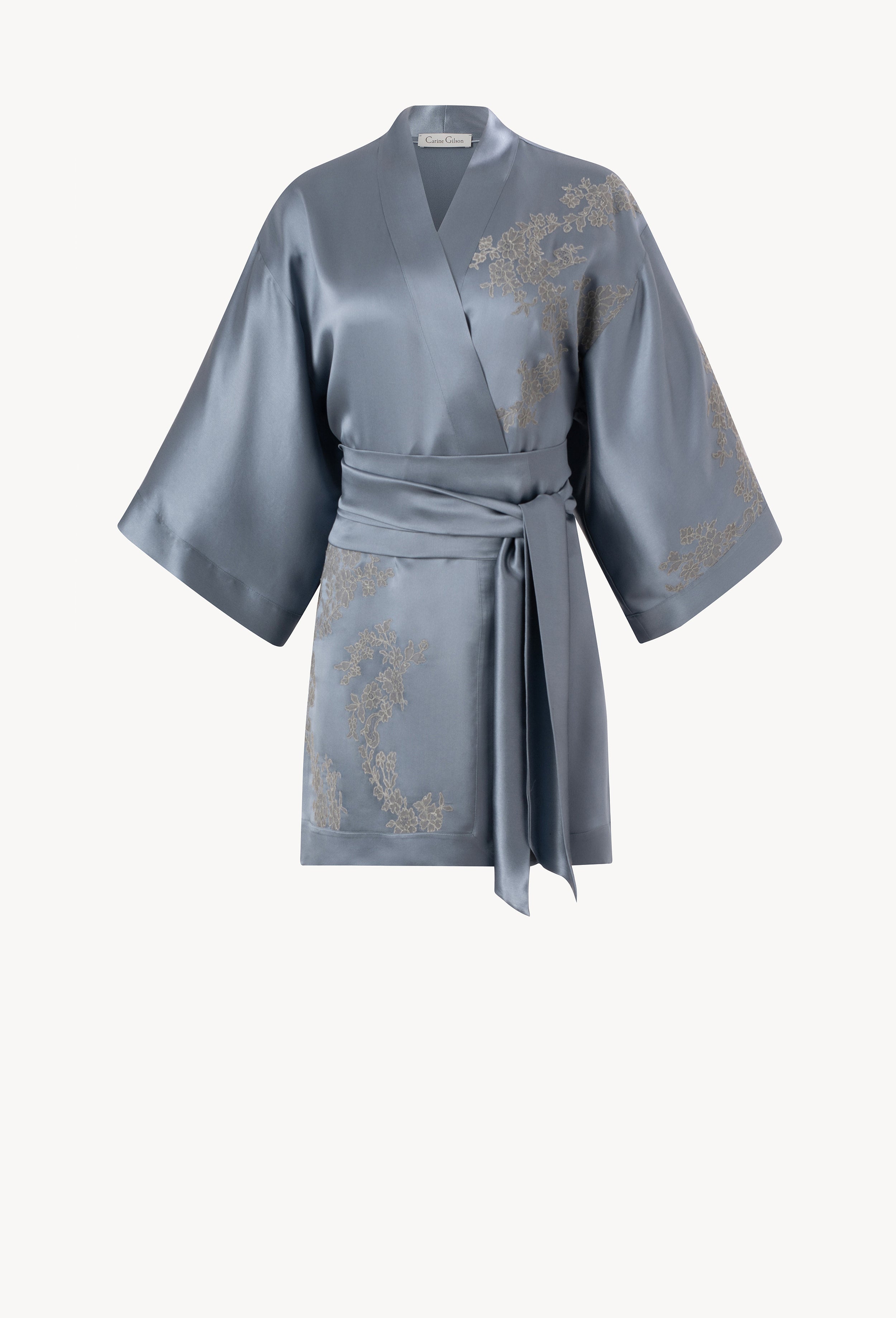 Be seduced by Carine Gilson most beautiful silk lingerie collection with this Short Kimono Classic Sleeves in Blue stone Silk  with Grey lace